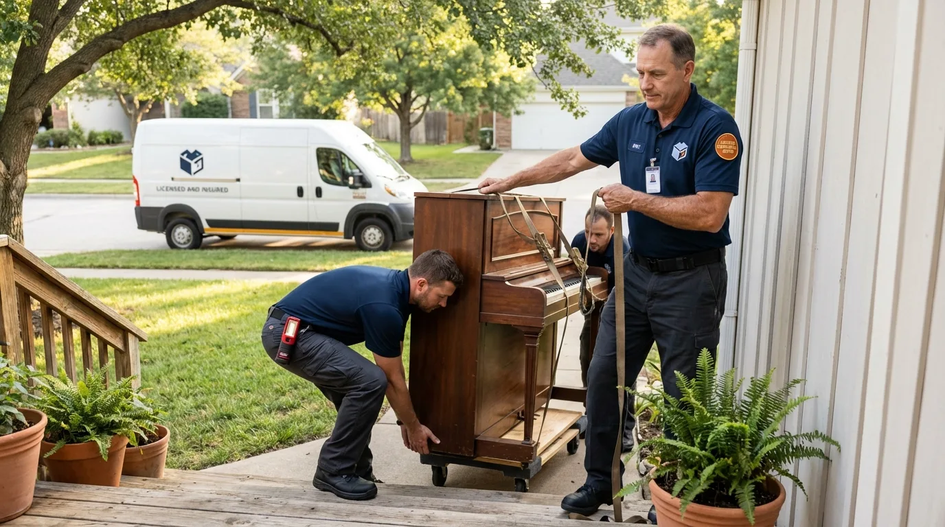 Licensed piano movers securing grand piano in American Fork, UT