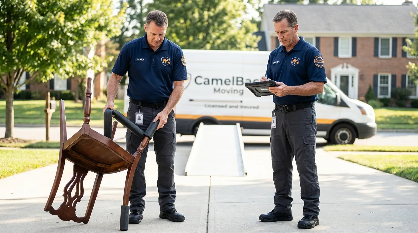 Movers inspecting furniture for damage prevention before loading in American Fork, UT