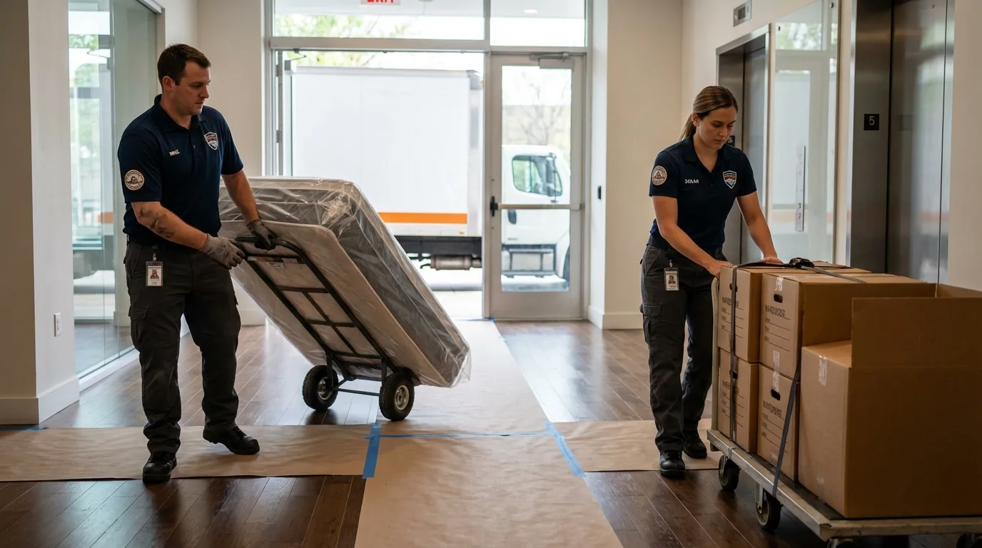 Professional apartment movers loading elevator in American Fork, UT